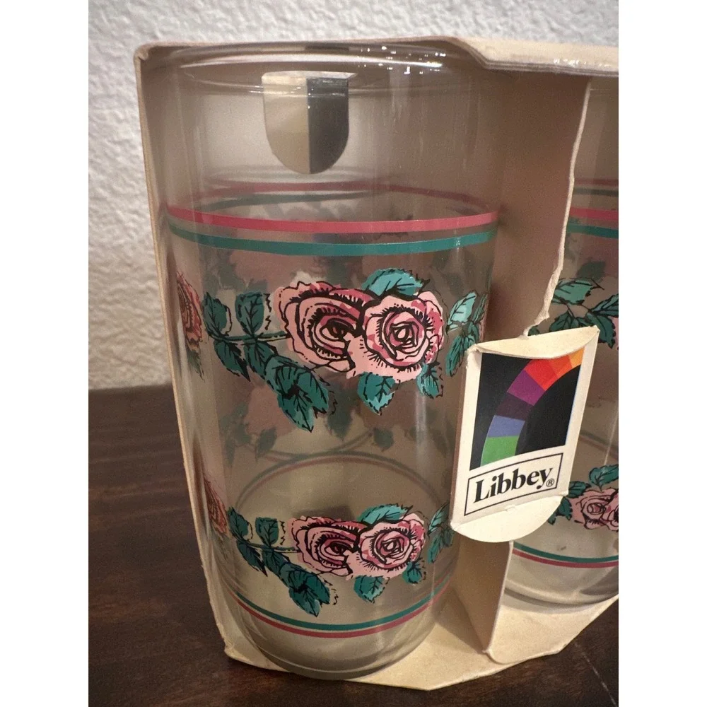 Vintage Libbey Pink Rose Floral‎ Glass Tumbler Set 4 Piece 13oz Retro Drinkware
